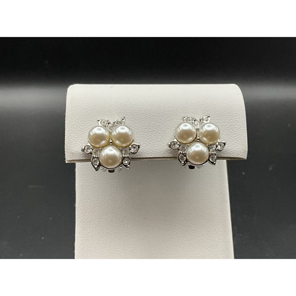 Signed SWAROVSKI Silver-Tone Crystal & Pearl Floral Clip-On Earrings GREAT!